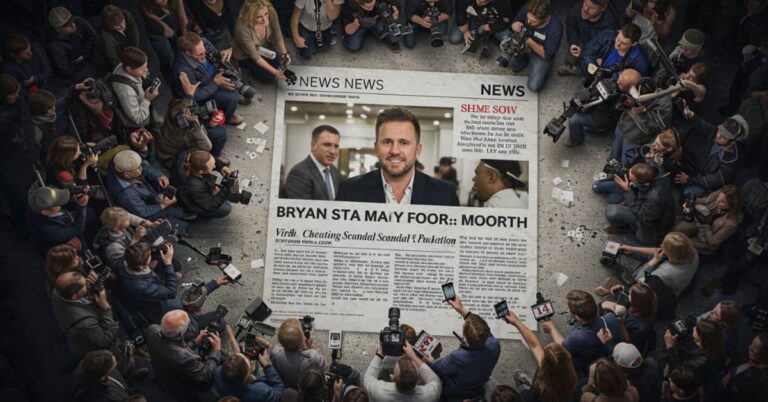 Newspaper headline featuring Bryan Stacy surrounded by reporters, photographers, and a crowd reacting to the viral cheating scandal.